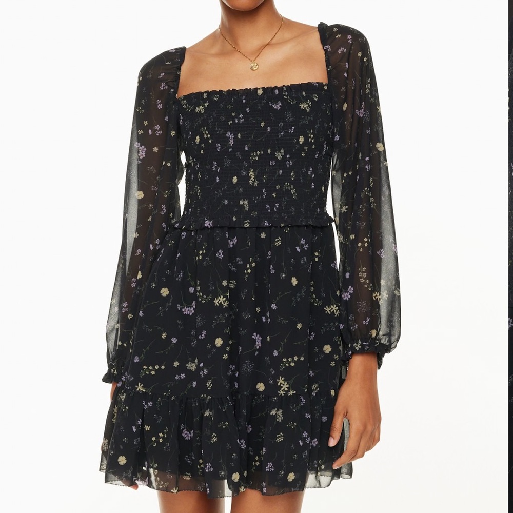 Aritzia Floral Black Mini Dress with Sheer Sleeves